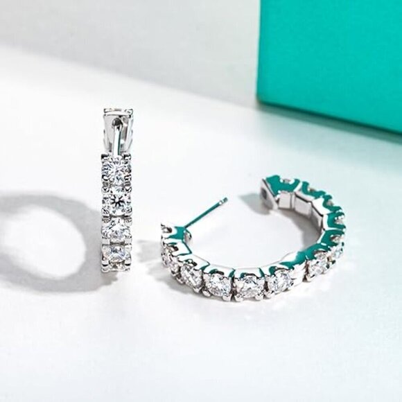 Certified 14K White Gold Huggie Hoop Earrings 2.4CT Moissanite Diamond S925 Gift - Picture 3 of 5